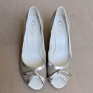 Tod’s Open Toe Canvas Stacked Heel Pumps Sz 8